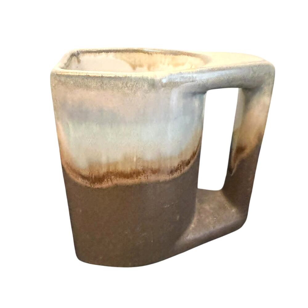 Vintage Studio Pottery Mug Drip Glaze Brown Cream MCM Handmade 4.5” MINT COND!